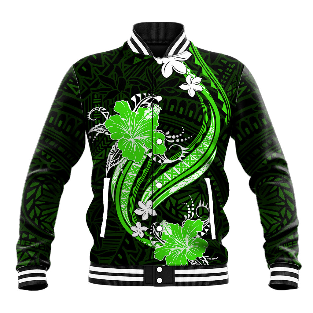 Green Polynesian Pattern With Tropical Flowers Baseball Jacket LT05 Unisex Green - Polynesian Pride