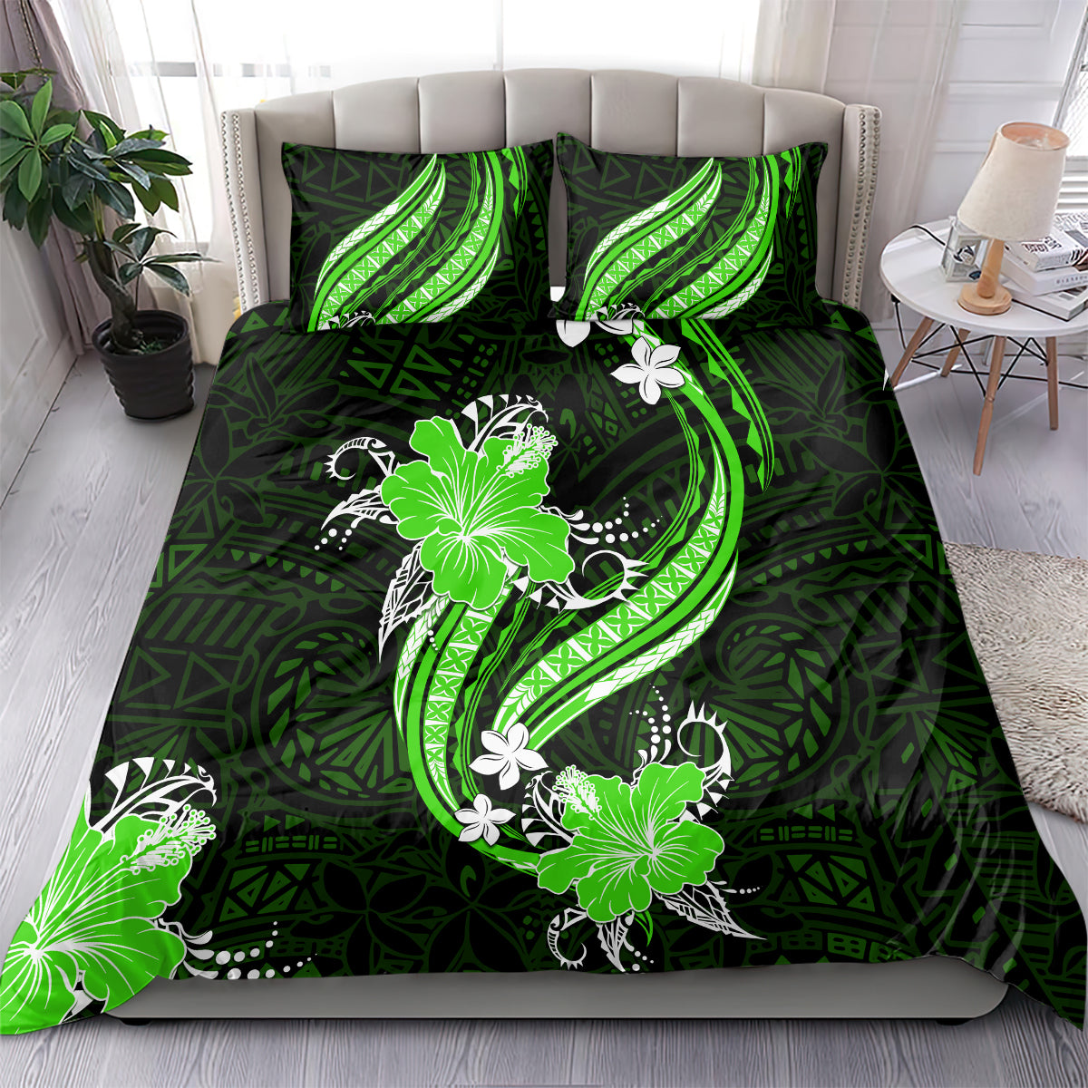 Green Polynesian Pattern With Tropical Flowers Bedding Set LT05 - Polynesian Pride