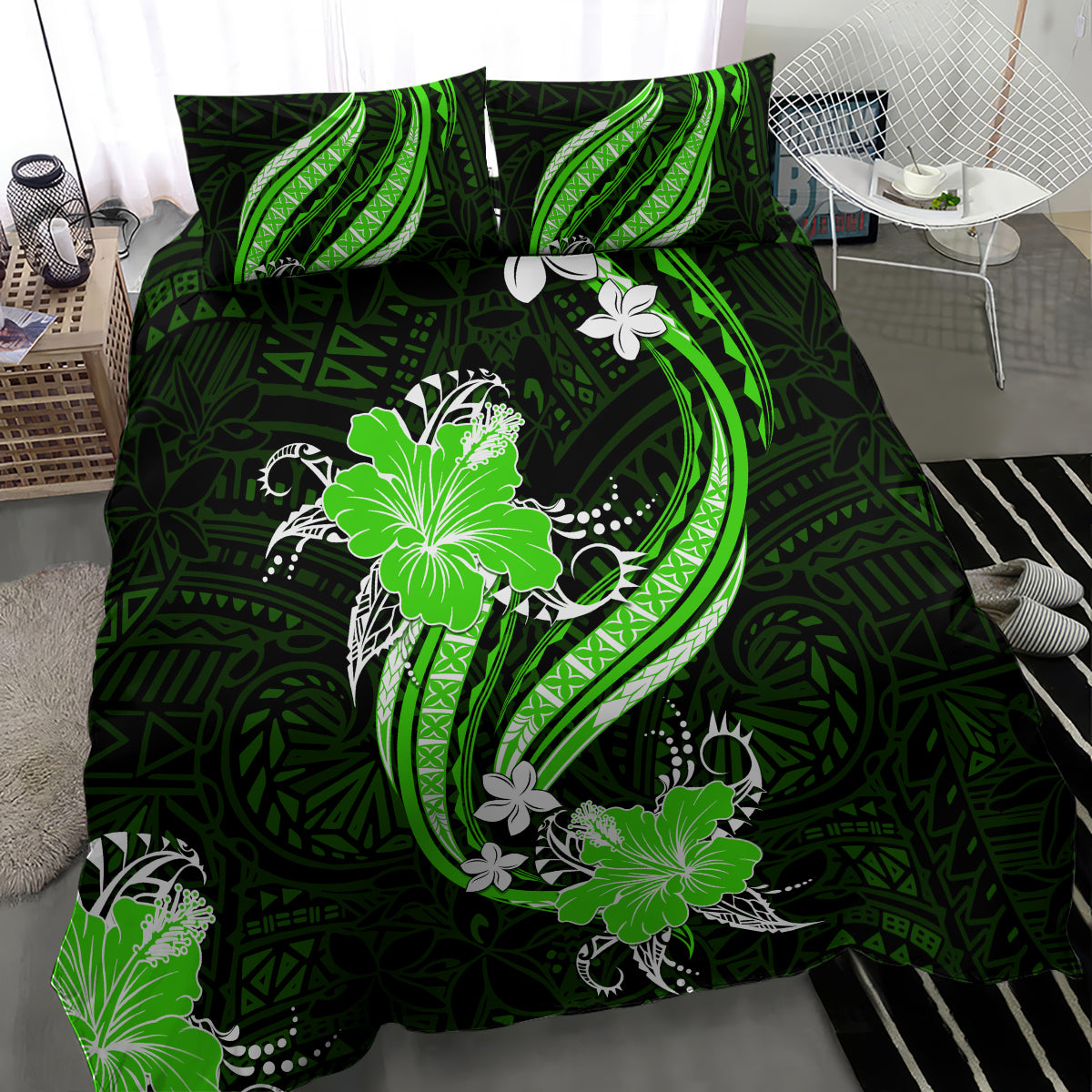 Green Polynesian Pattern With Tropical Flowers Bedding Set LT05 - Polynesian Pride