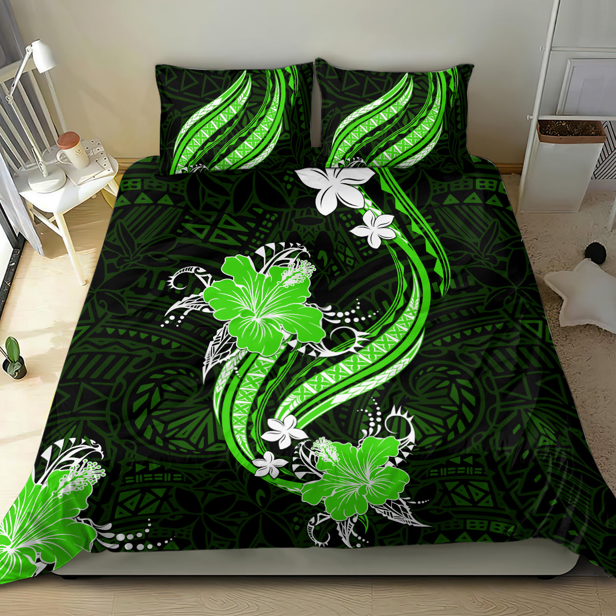 Green Polynesian Pattern With Tropical Flowers Bedding Set LT05 - Polynesian Pride
