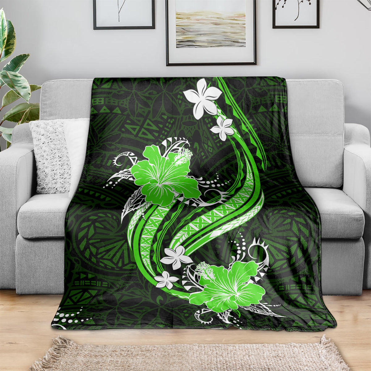 Green Polynesian Pattern With Tropical Flowers Blanket LT05 - Polynesian Pride