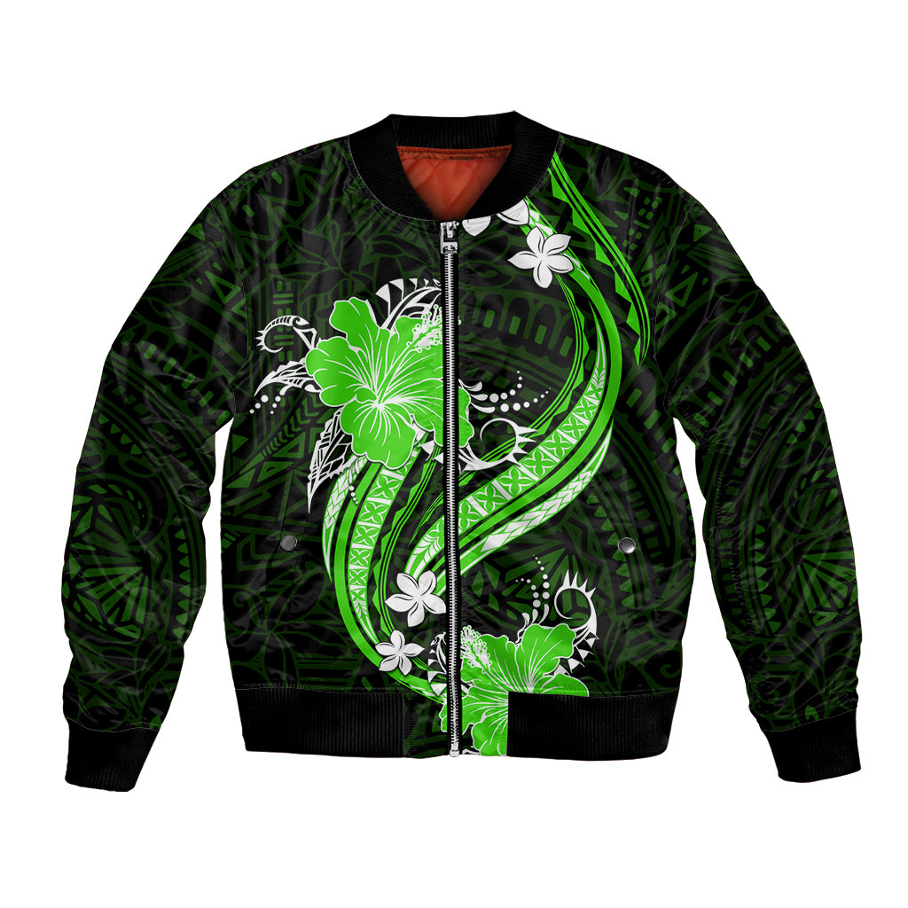 Green Polynesian Pattern With Tropical Flowers Bomber Jacket LT05 Unisex Green - Polynesian Pride