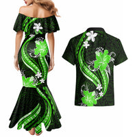 Green Polynesian Pattern With Tropical Flowers Couples Matching Mermaid Dress and Hawaiian Shirt LT05 - Polynesian Pride