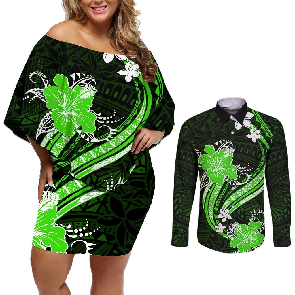 Green Polynesian Pattern With Tropical Flowers Couples Matching Off Shoulder Short Dress and Long Sleeve Button Shirt LT05 Green - Polynesian Pride