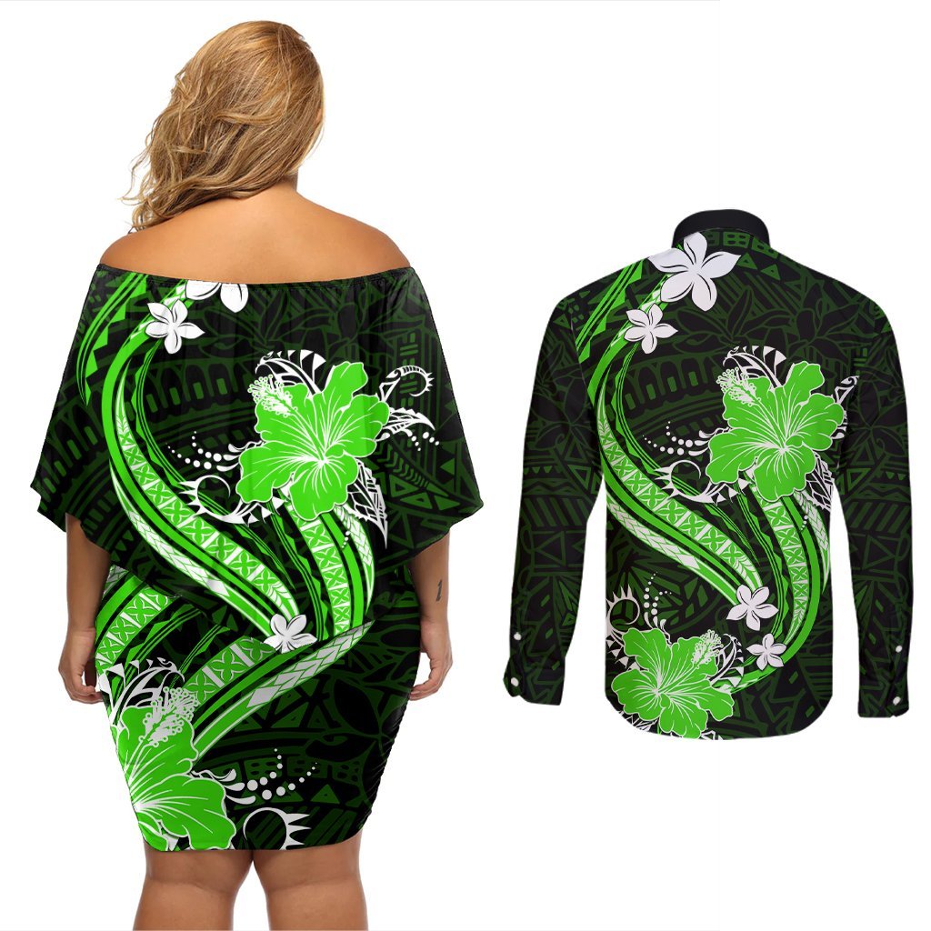 Green Polynesian Pattern With Tropical Flowers Couples Matching Off Shoulder Short Dress and Long Sleeve Button Shirt LT05 - Polynesian Pride