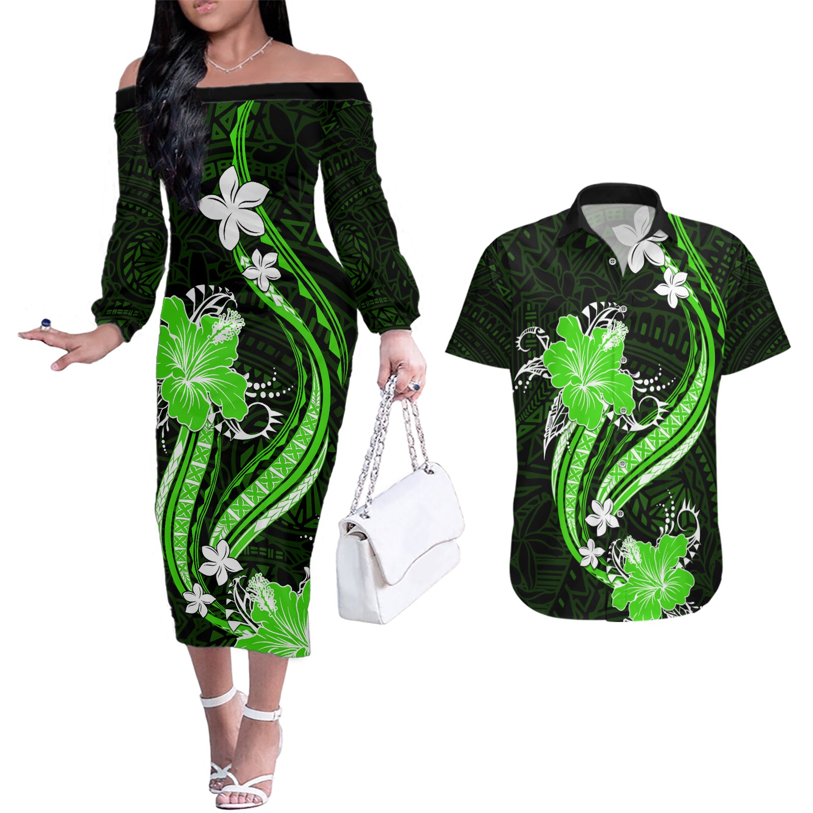 Green Polynesian Pattern With Tropical Flowers Couples Matching Off The Shoulder Long Sleeve Dress and Hawaiian Shirt LT05 Green - Polynesian Pride