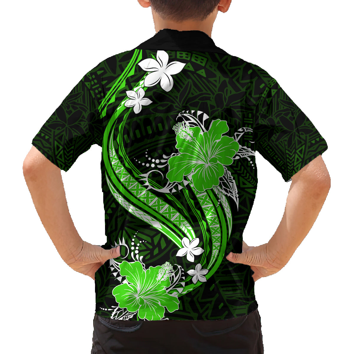 Green Polynesian Pattern With Tropical Flowers Family Matching Off Shoulder Long Sleeve Dress and Hawaiian Shirt LT05 - Polynesian Pride