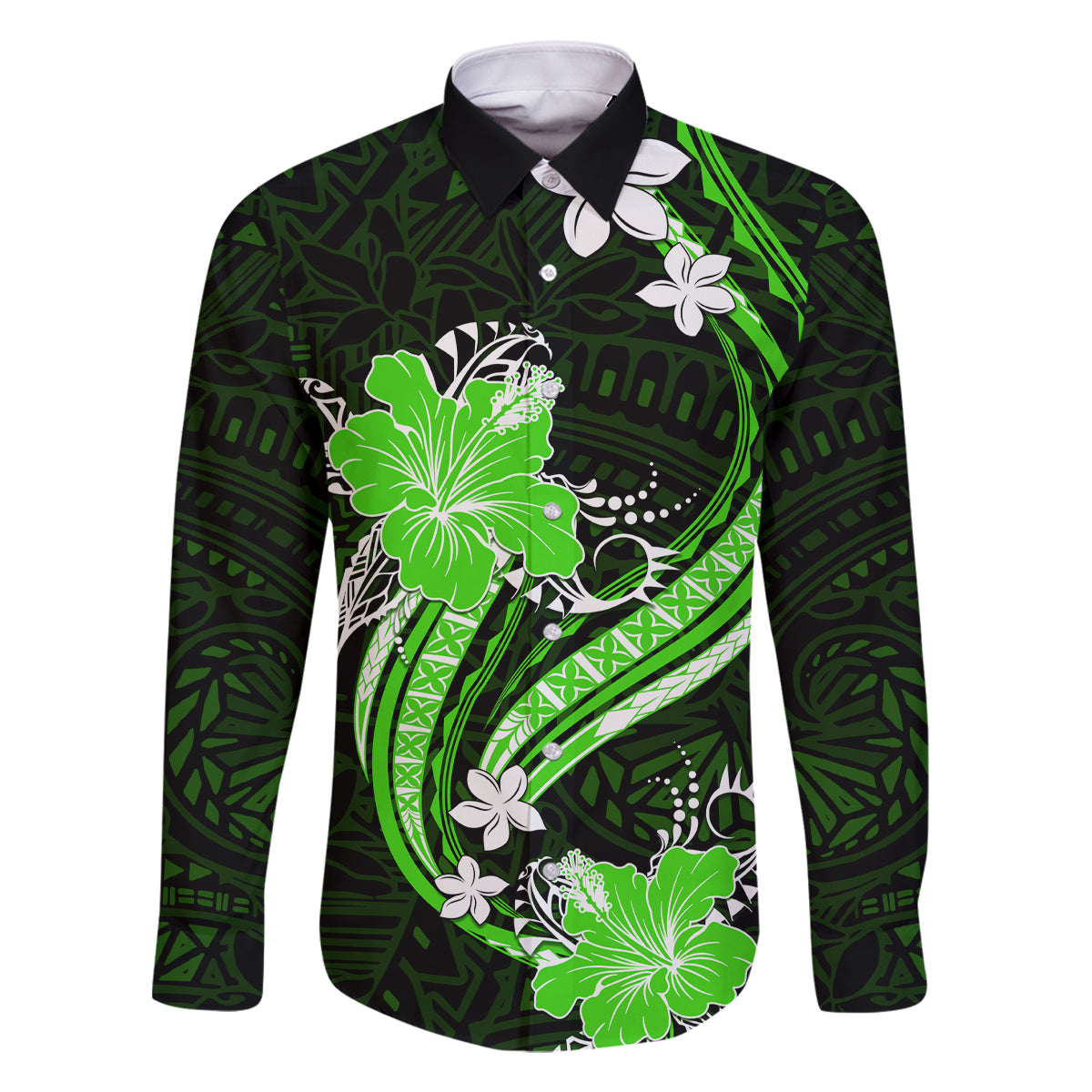 Green Polynesian Pattern With Tropical Flowers Family Matching Off Shoulder Long Sleeve Dress and Hawaiian Shirt LT05 Dad's Shirt - Long Sleeve Green - Polynesian Pride
