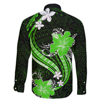 Green Polynesian Pattern With Tropical Flowers Family Matching Off Shoulder Long Sleeve Dress and Hawaiian Shirt LT05 - Polynesian Pride