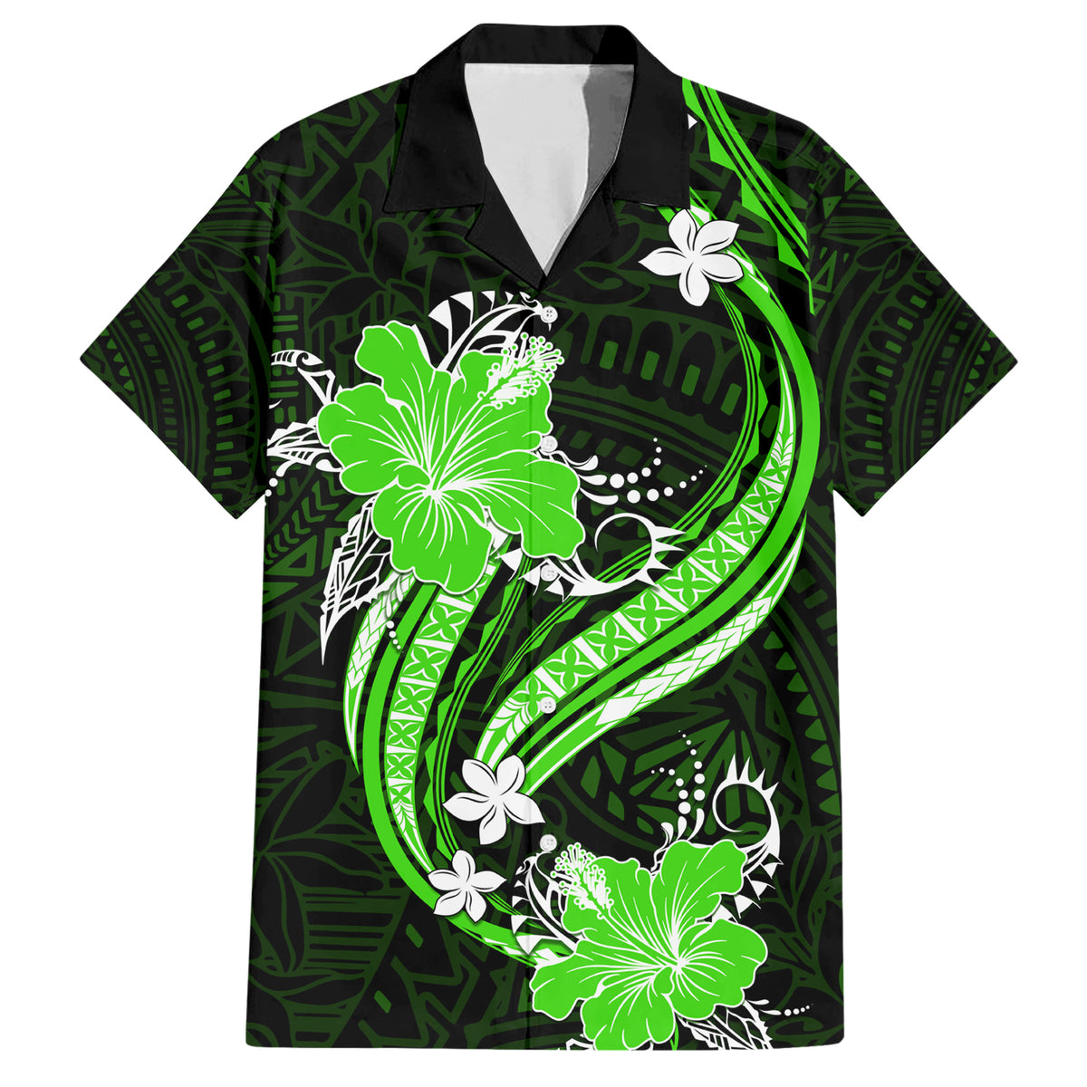 Green Polynesian Pattern With Tropical Flowers Family Matching Short Sleeve Bodycon Dress and Hawaiian Shirt LT05 Dad's Shirt - Short Sleeve Green - Polynesian Pride