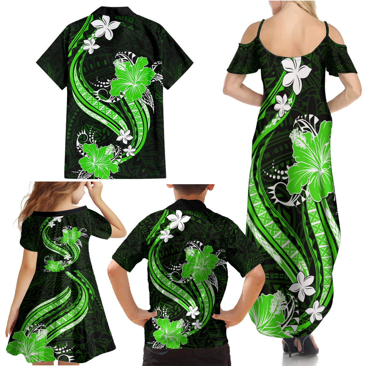 Green Polynesian Pattern With Tropical Flowers Family Matching Summer Maxi Dress and Hawaiian Shirt LT05 - Polynesian Pride