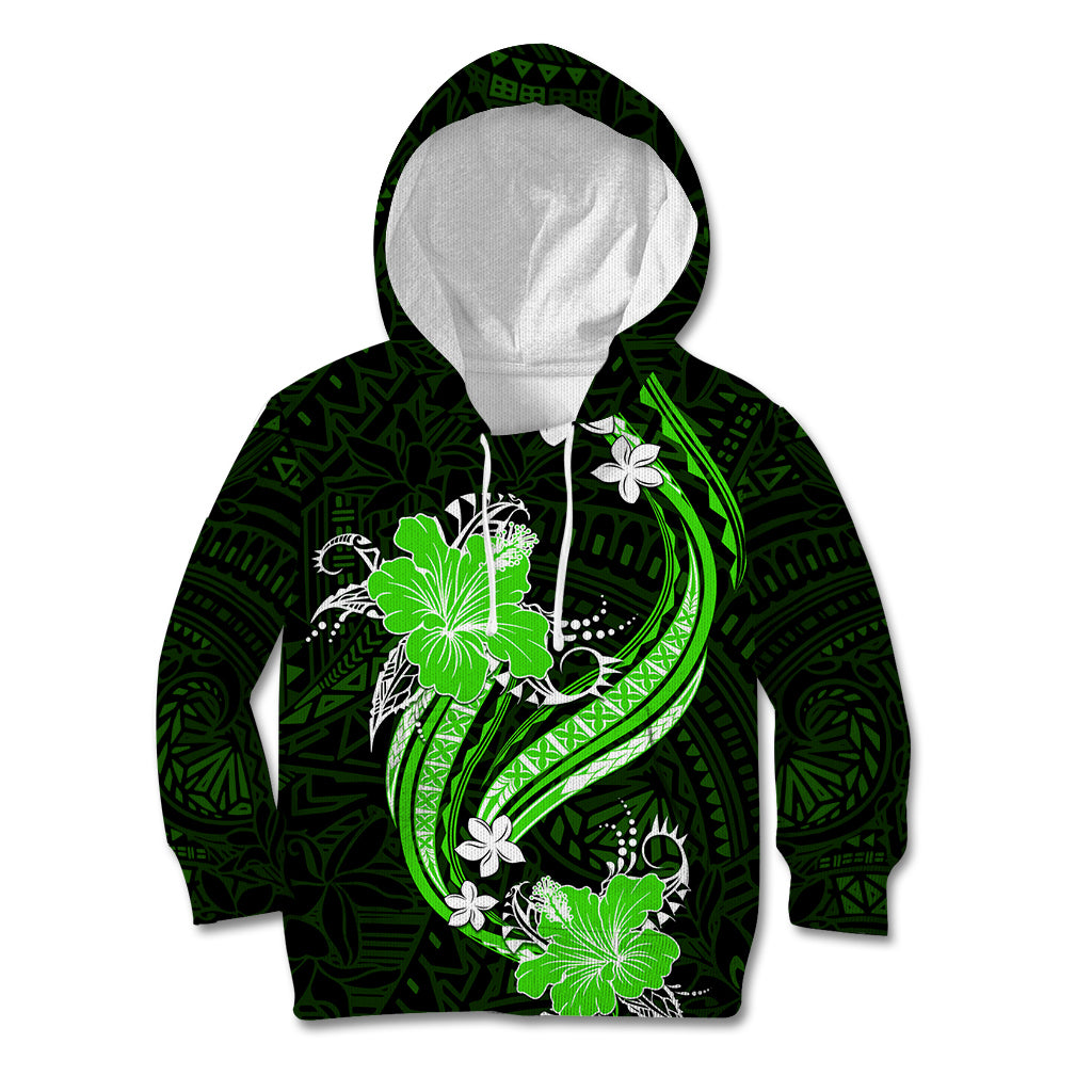 Green Polynesian Pattern With Tropical Flowers Kid Hoodie LT05 Green - Polynesian Pride