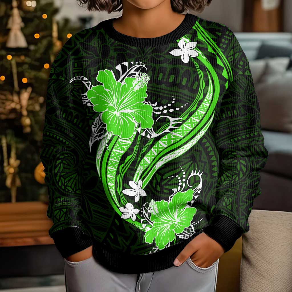 Green Polynesian Pattern With Tropical Flowers Kid Ugly Christmas Sweater LT05 - Polynesian Pride