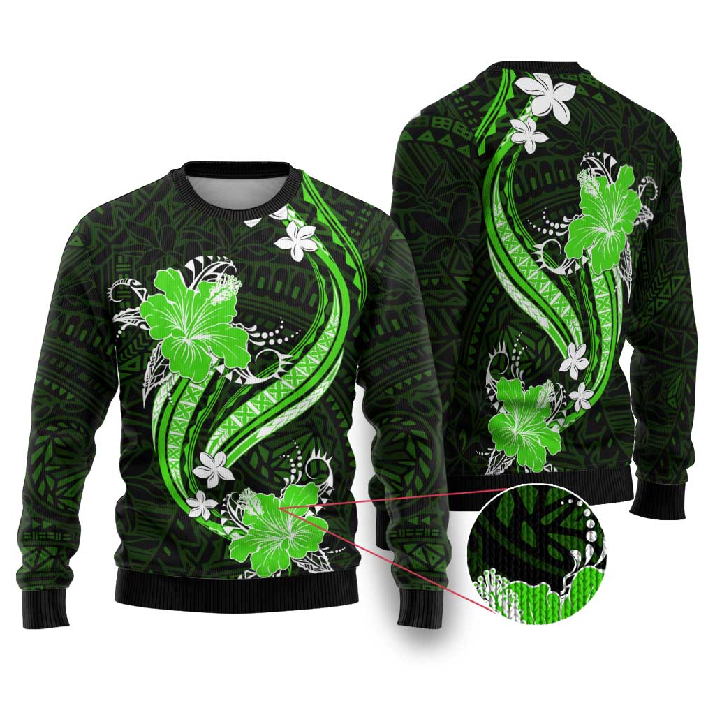 Green Polynesian Pattern With Tropical Flowers Ugly Christmas Sweater