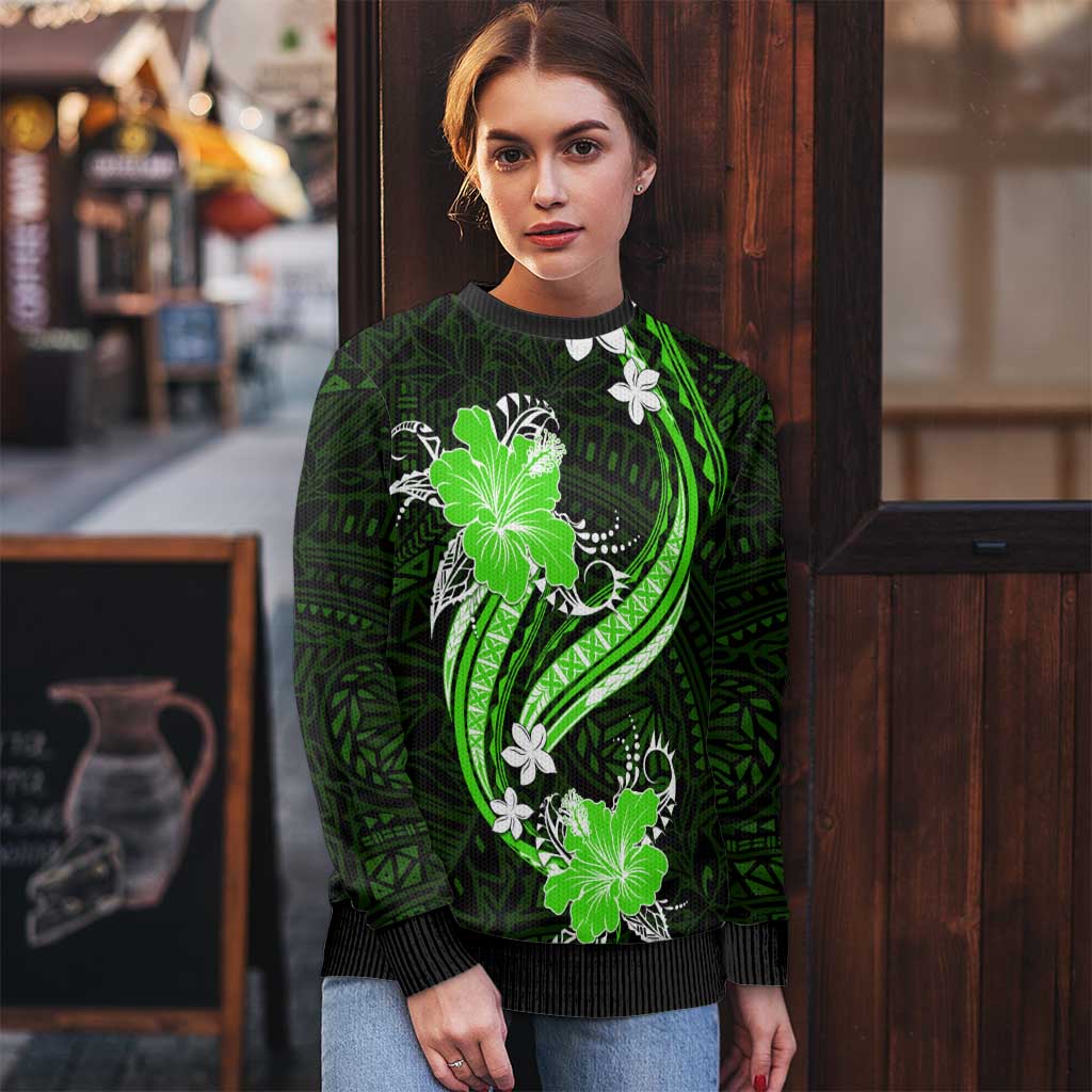 Green Polynesian Pattern With Tropical Flowers Ugly Christmas Sweater