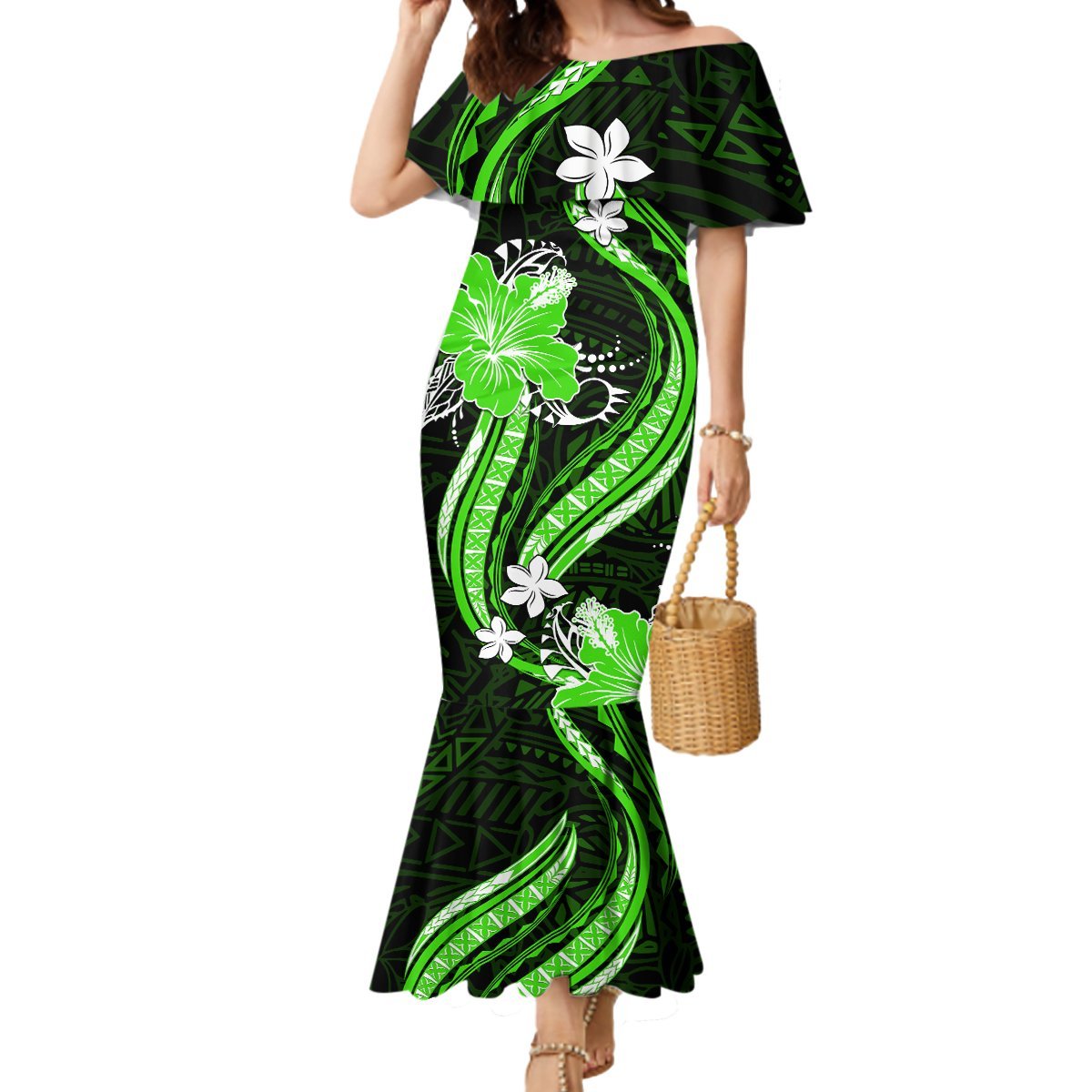 Green Polynesian Pattern With Tropical Flowers Mermaid Dress LT05 Women Green - Polynesian Pride