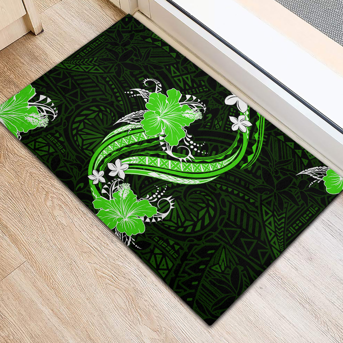 Green Polynesian Pattern With Tropical Flowers Rubber Doormat LT05 - Polynesian Pride