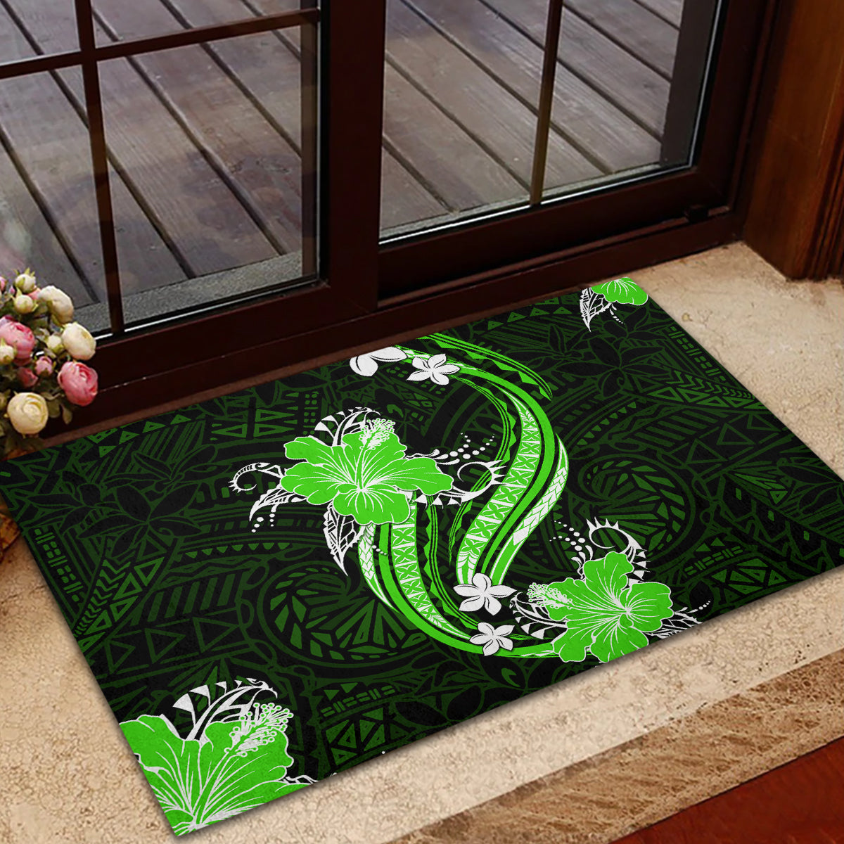 Green Polynesian Pattern With Tropical Flowers Rubber Doormat LT05 - Polynesian Pride