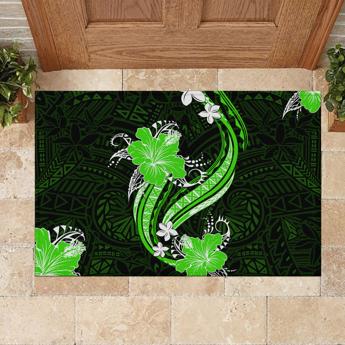 Green Polynesian Pattern With Tropical Flowers Rubber Doormat LT05 - Polynesian Pride
