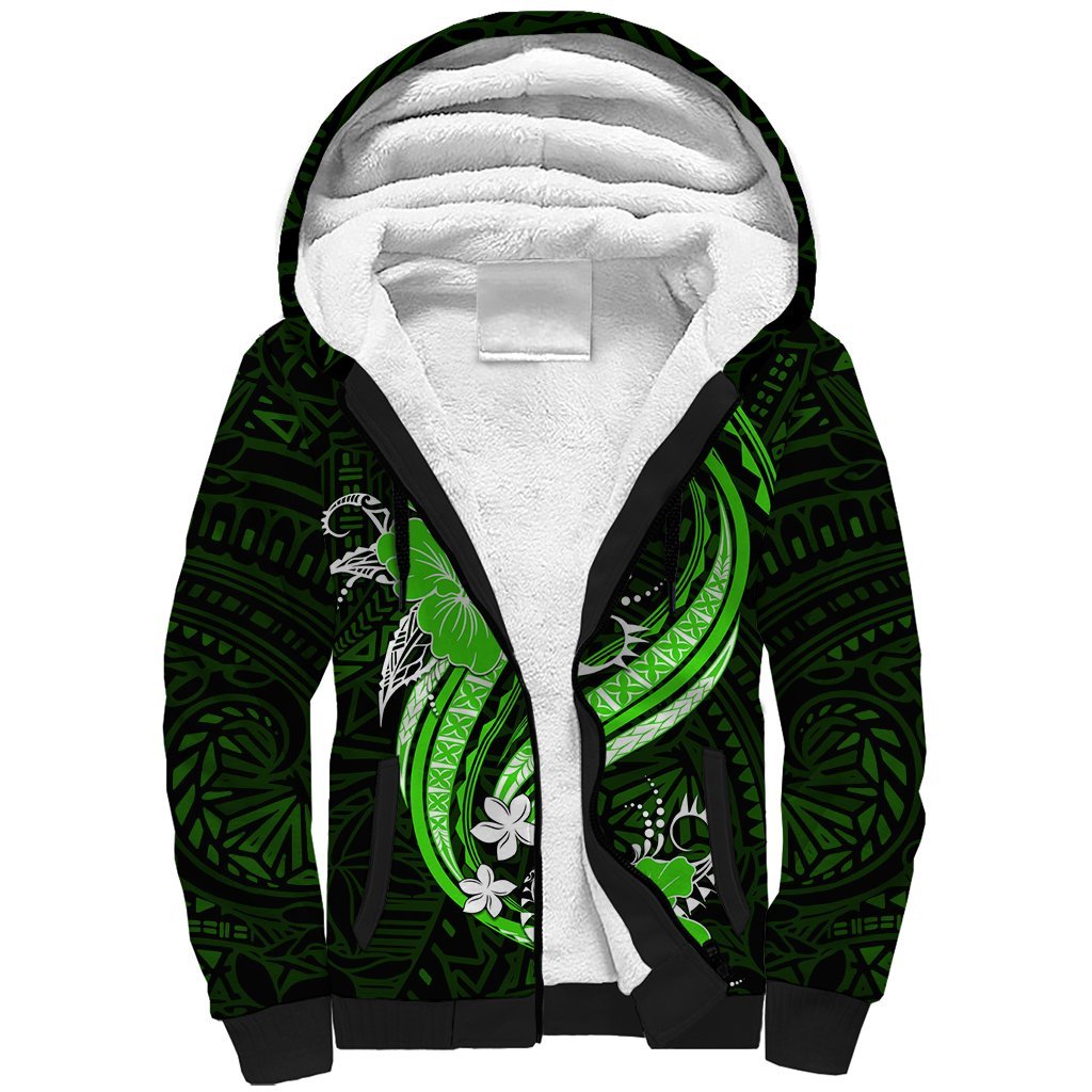 Green Polynesian Pattern With Tropical Flowers Sherpa Hoodie LT05 Unisex Green - Polynesian Pride