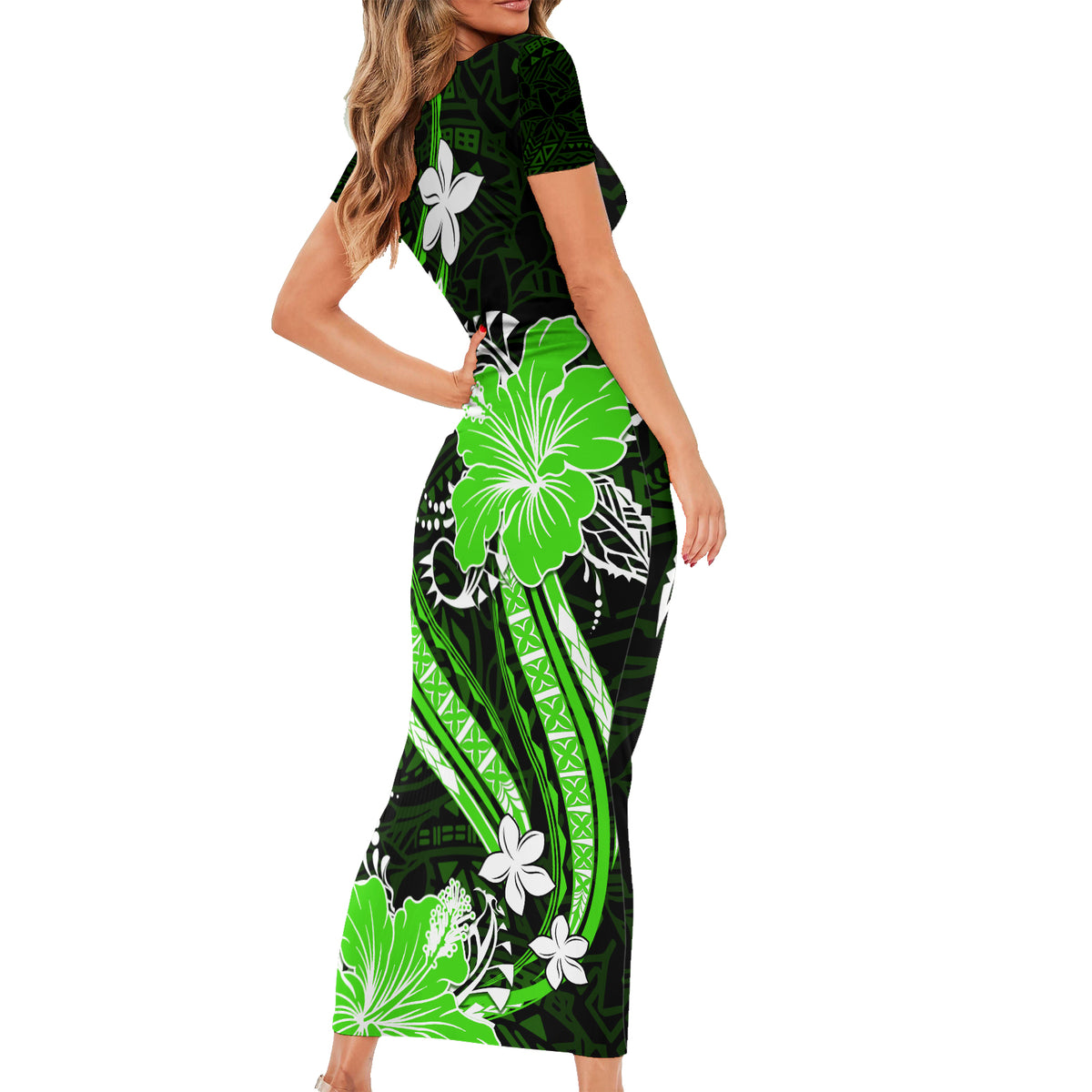 Green Polynesian Pattern With Tropical Flowers Short Sleeve Bodycon Dress LT05 - Polynesian Pride