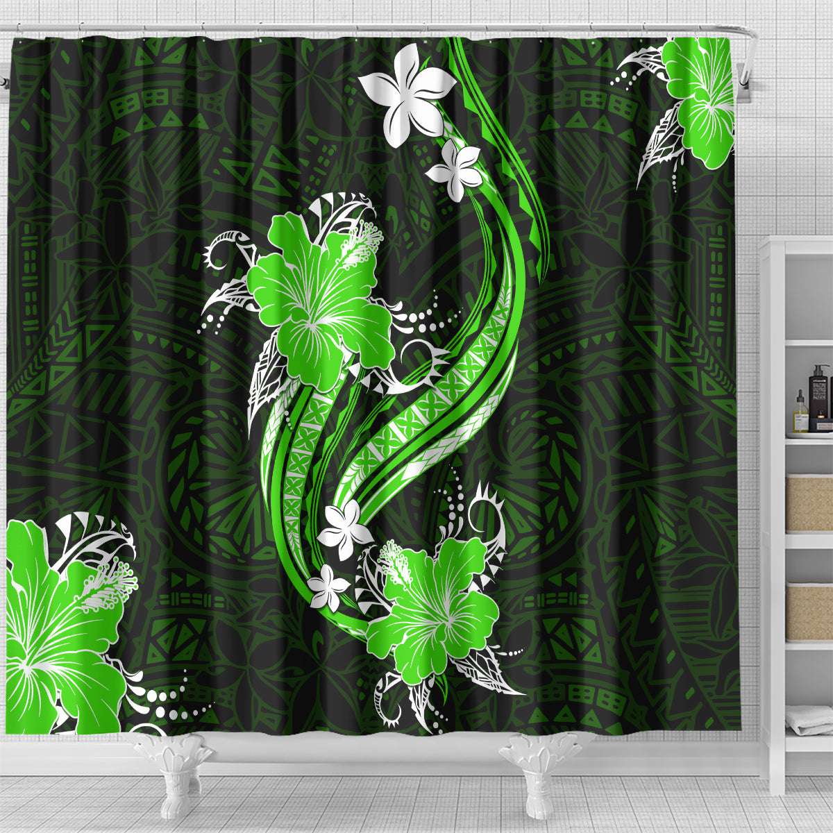 Green Polynesian Pattern With Tropical Flowers Shower Curtain LT05 - Polynesian Pride