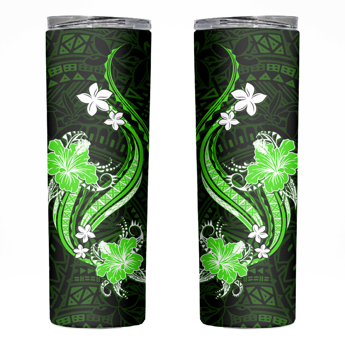 Green Polynesian Pattern With Tropical Flowers Skinny Tumbler