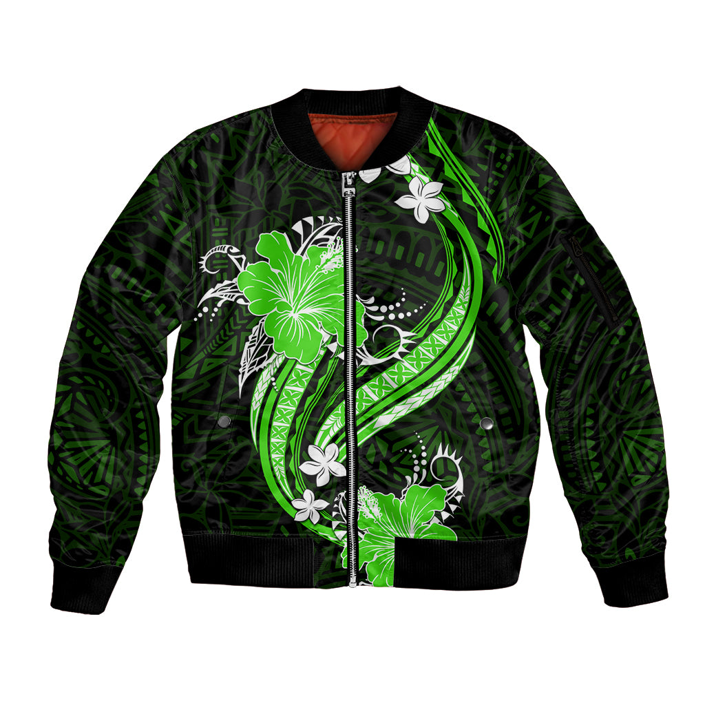 Green Polynesian Pattern With Tropical Flowers Sleeve Zip Bomber Jacket LT05 Unisex Green - Polynesian Pride