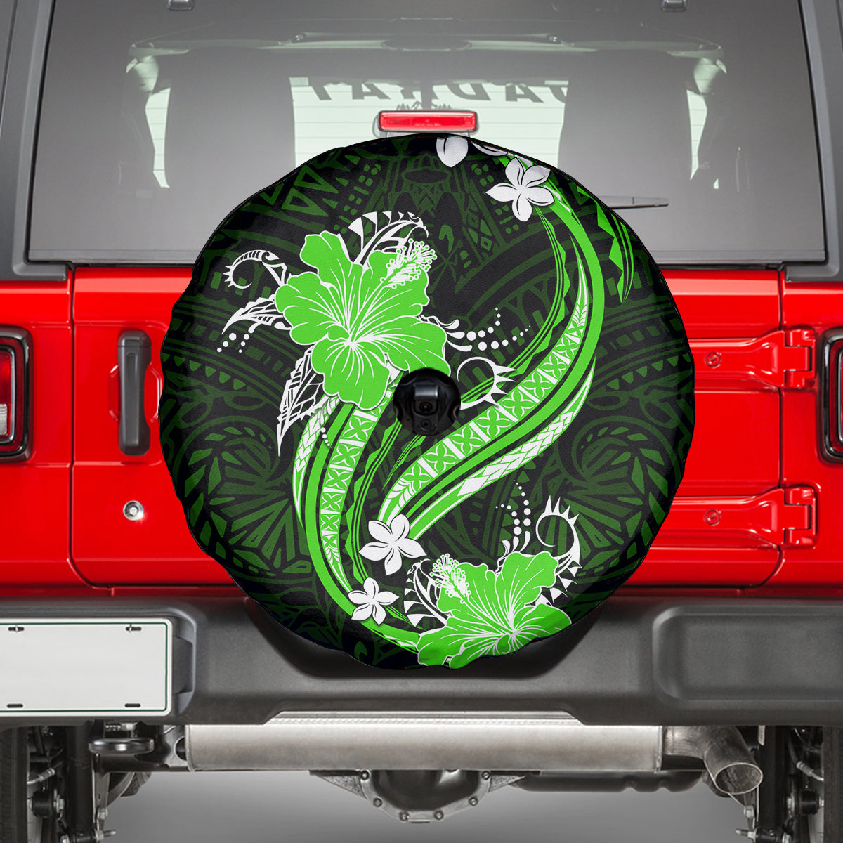 Green Polynesian Pattern With Tropical Flowers Spare Tire Cover LT05 - Polynesian Pride