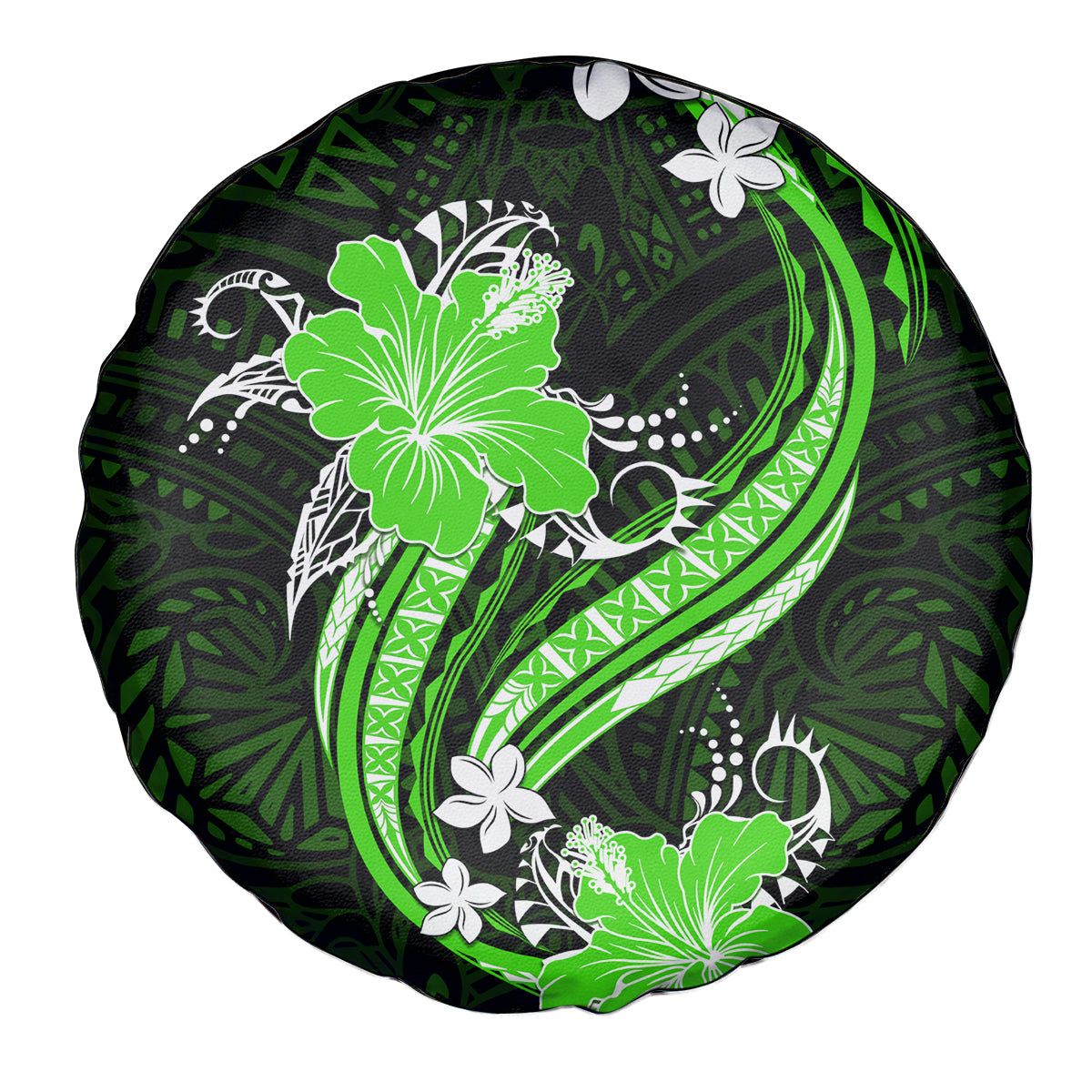 Green Polynesian Pattern With Tropical Flowers Spare Tire Cover LT05 - Polynesian Pride