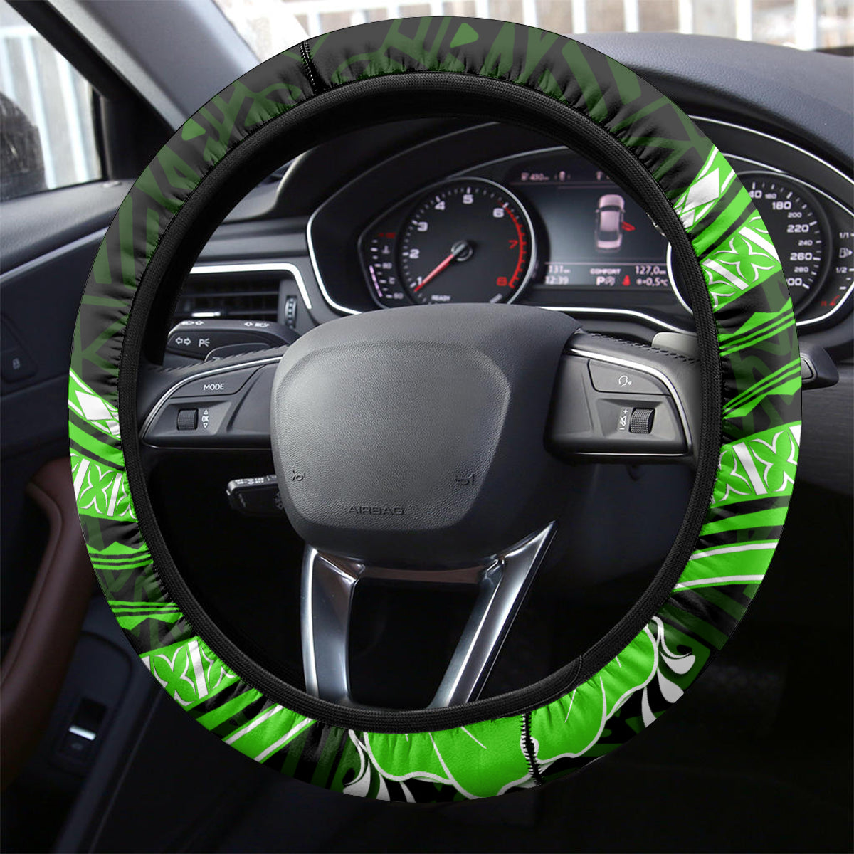 Green Polynesian Pattern With Tropical Flowers Steering Wheel Cover