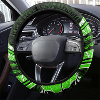 Green Polynesian Pattern With Tropical Flowers Steering Wheel Cover