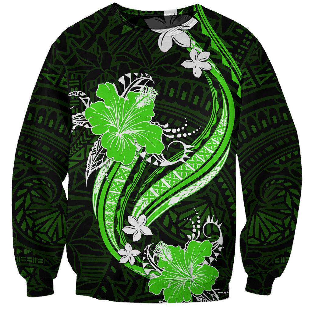 Green Polynesian Pattern With Tropical Flowers Sweatshirt LT05 Unisex Green - Polynesian Pride