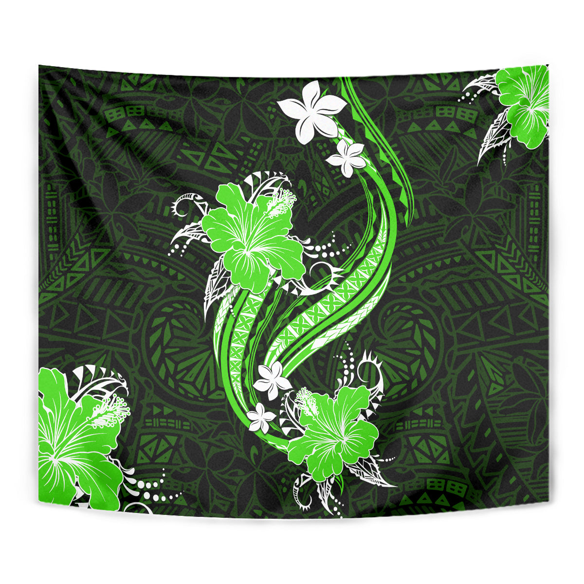 Green Polynesian Pattern With Tropical Flowers Tapestry LT05 - Polynesian Pride