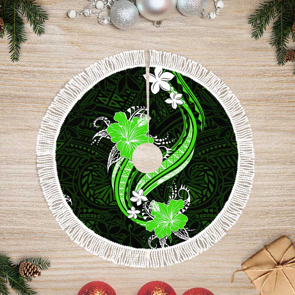 Green Polynesian Pattern With Tropical Flowers Tree Skirt LT05 Fringed Green - Polynesian Pride