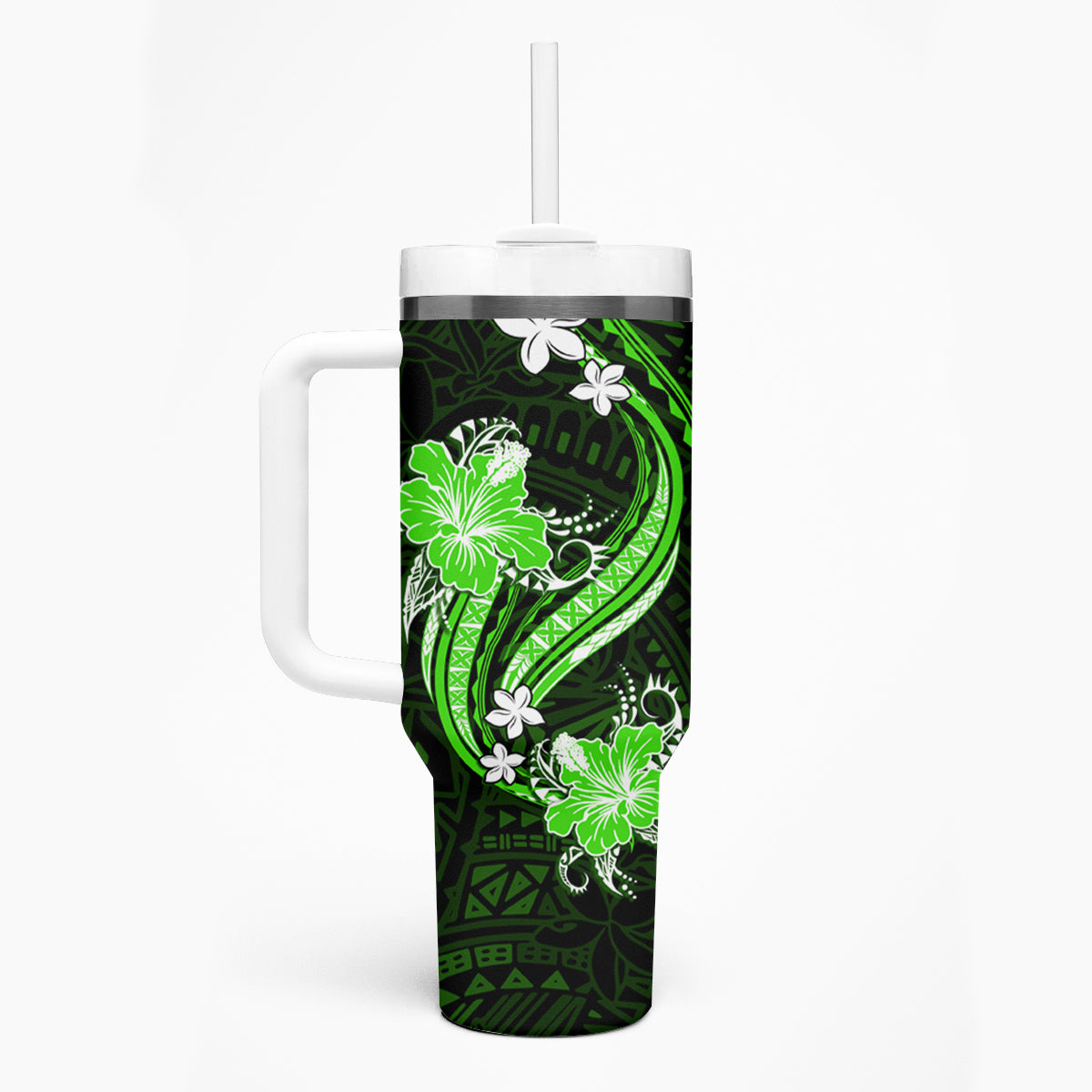 Green Polynesian Pattern With Tropical Flowers Tumbler With Handle