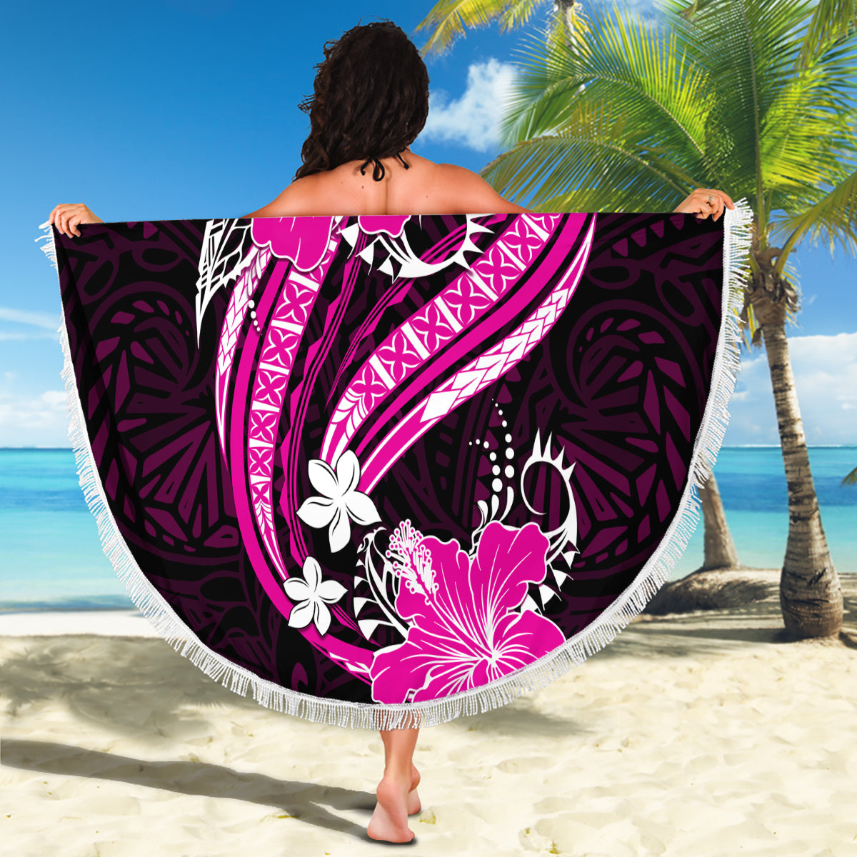 Pink Polynesian Pattern With Tropical Flowers Beach Blanket LT05 - Polynesian Pride