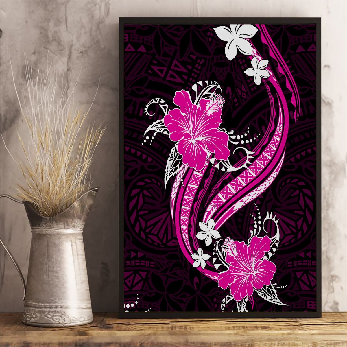 Pink Polynesian Pattern With Tropical Flowers Canvas Wall Art LT05 - Polynesian Pride