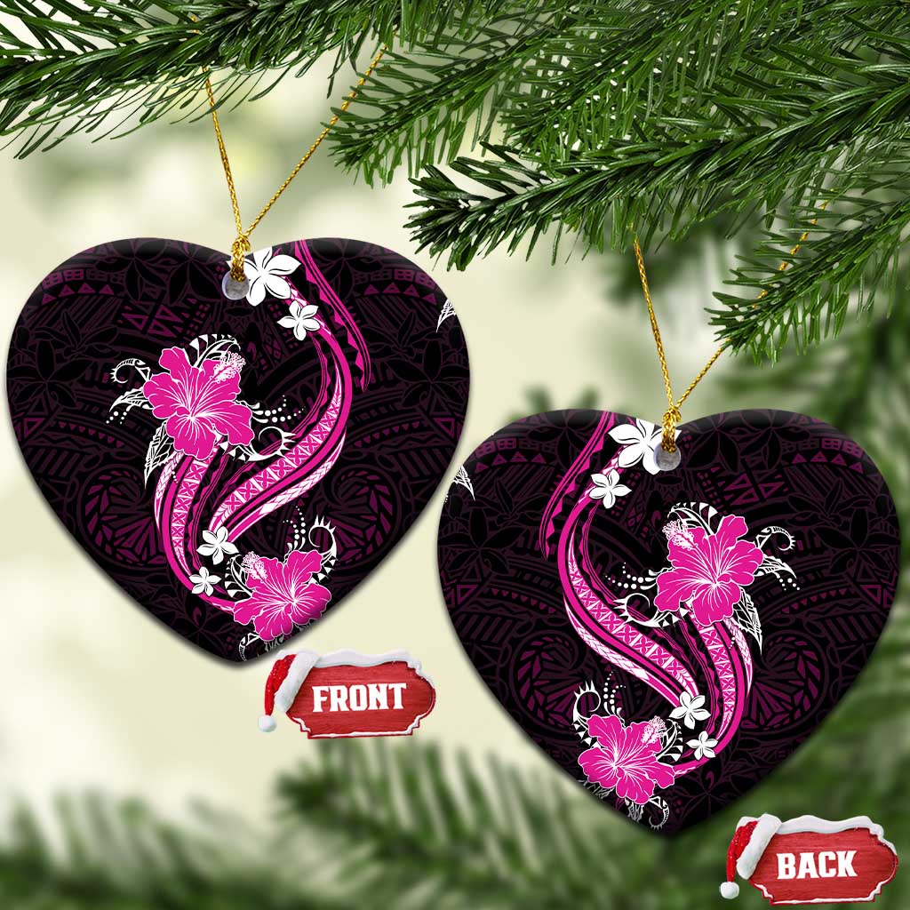 Pink Polynesian Pattern With Tropical Flowers Ceramic Ornament LT05 Heart Pink - Polynesian Pride