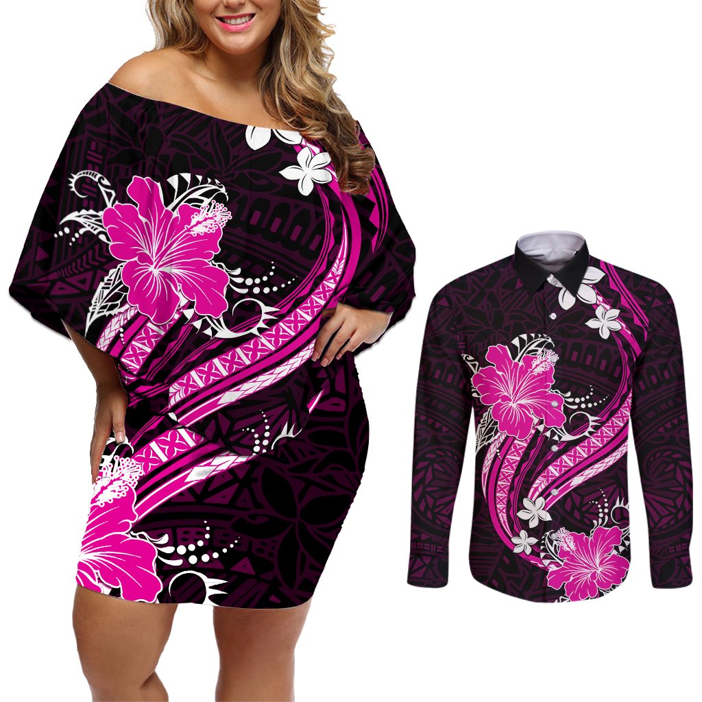Pink Polynesian Pattern With Tropical Flowers Couples Matching Off Shoulder Short Dress and Long Sleeve Button Shirt LT05 Pink - Polynesian Pride