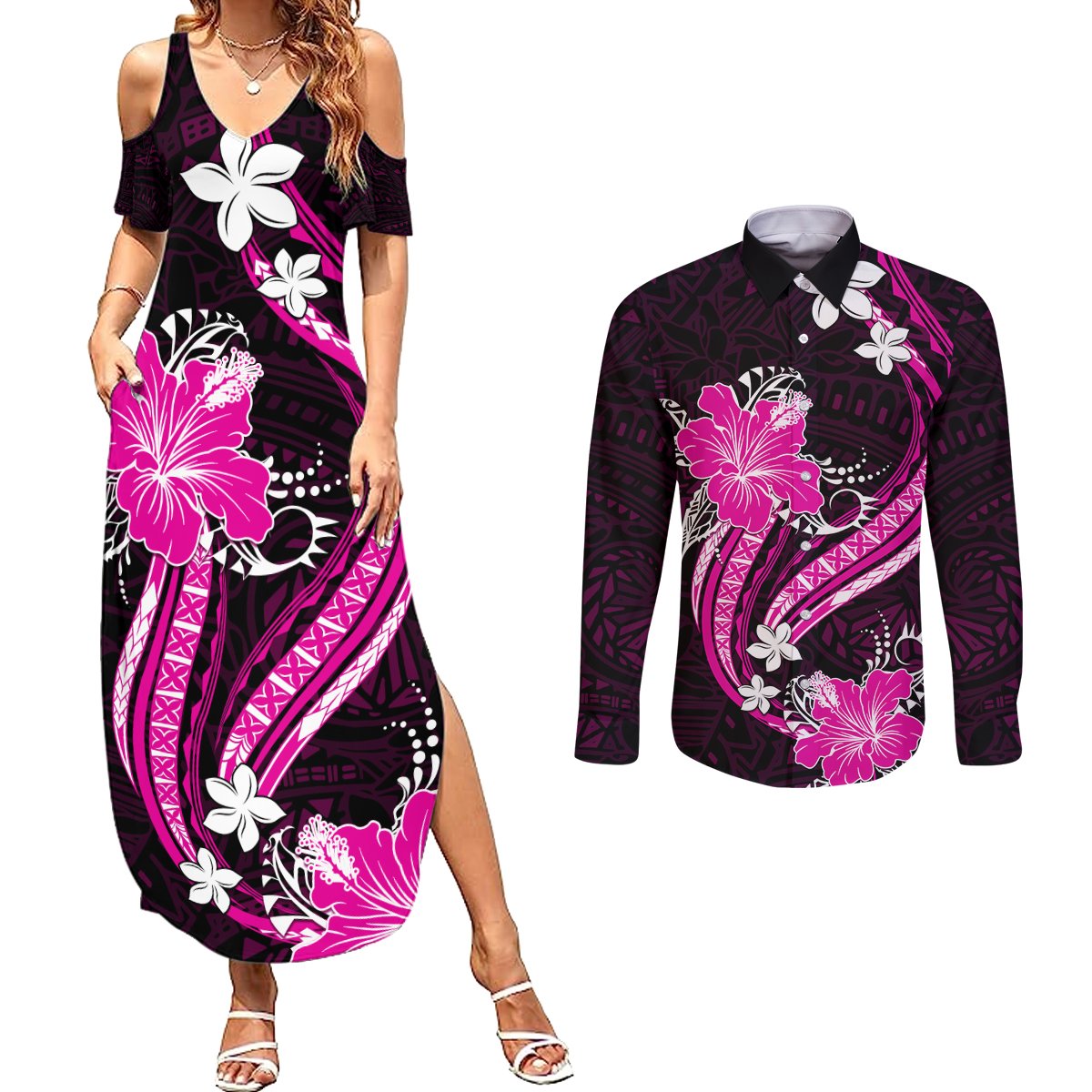 Pink Polynesian Pattern With Tropical Flowers Couples Matching Summer Maxi Dress and Long Sleeve Button Shirt LT05 Pink - Polynesian Pride