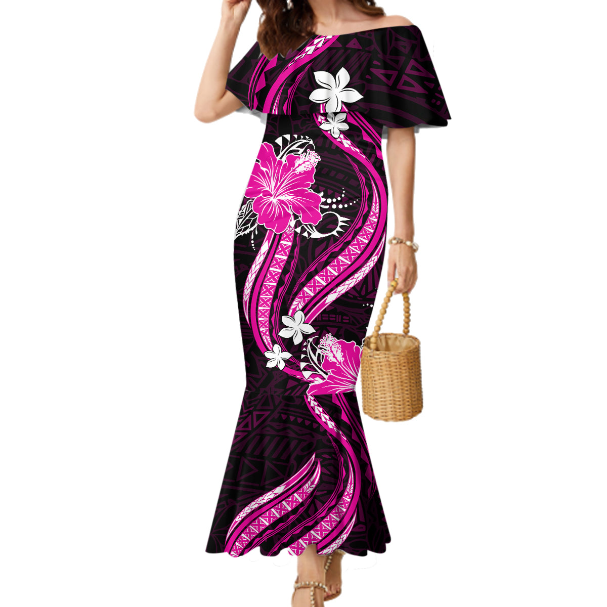 Pink Polynesian Pattern With Tropical Flowers Family Matching Mermaid Dress and Hawaiian Shirt LT05 Mom's Dress Pink - Polynesian Pride