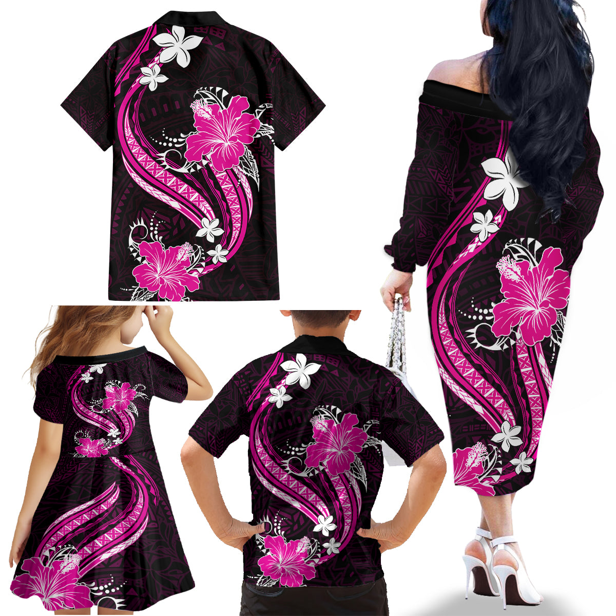 Pink Polynesian Pattern With Tropical Flowers Family Matching Off Shoulder Long Sleeve Dress and Hawaiian Shirt LT05 - Polynesian Pride