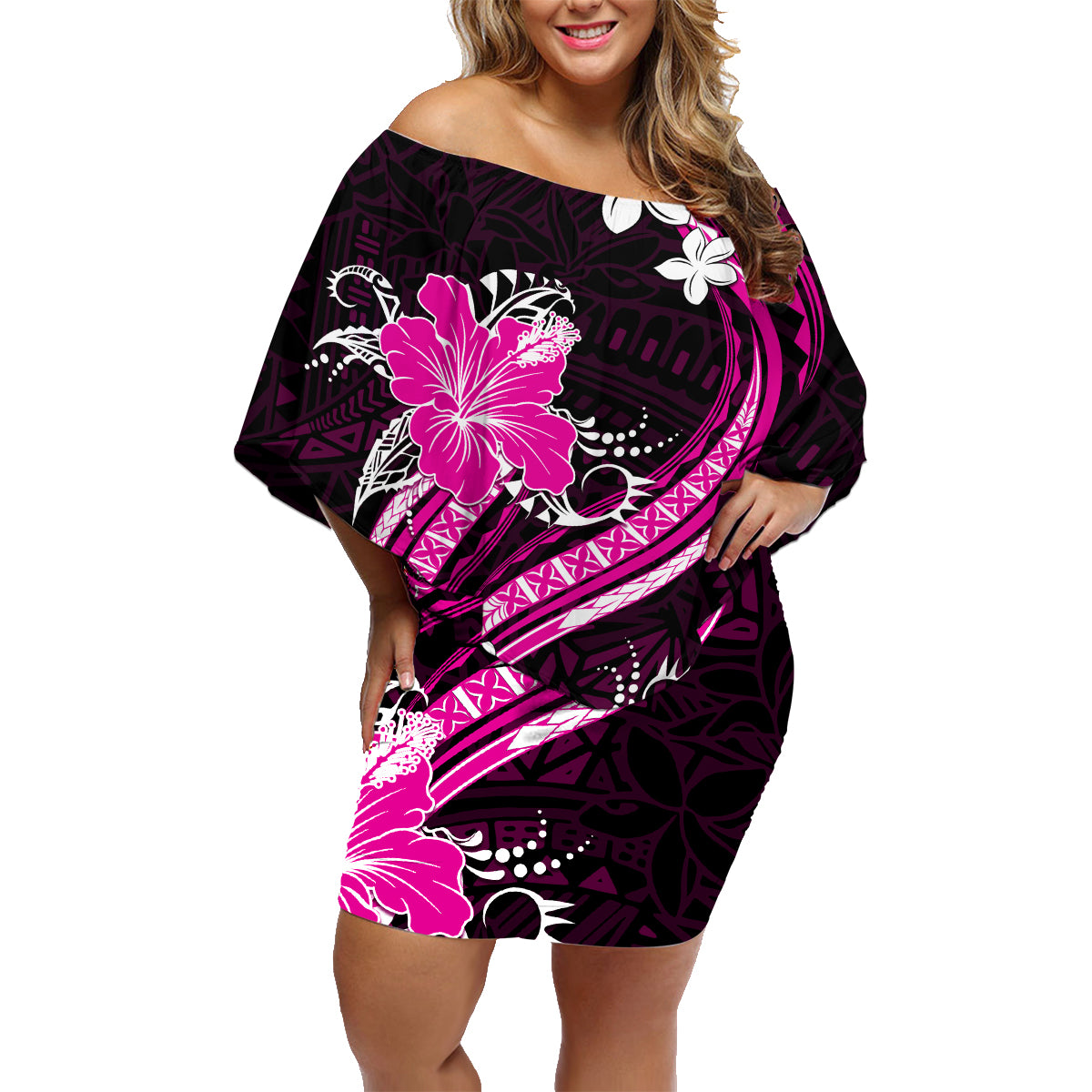 Pink Polynesian Pattern With Tropical Flowers Family Matching Off Shoulder Short Dress and Hawaiian Shirt LT05 Mom's Dress Pink - Polynesian Pride