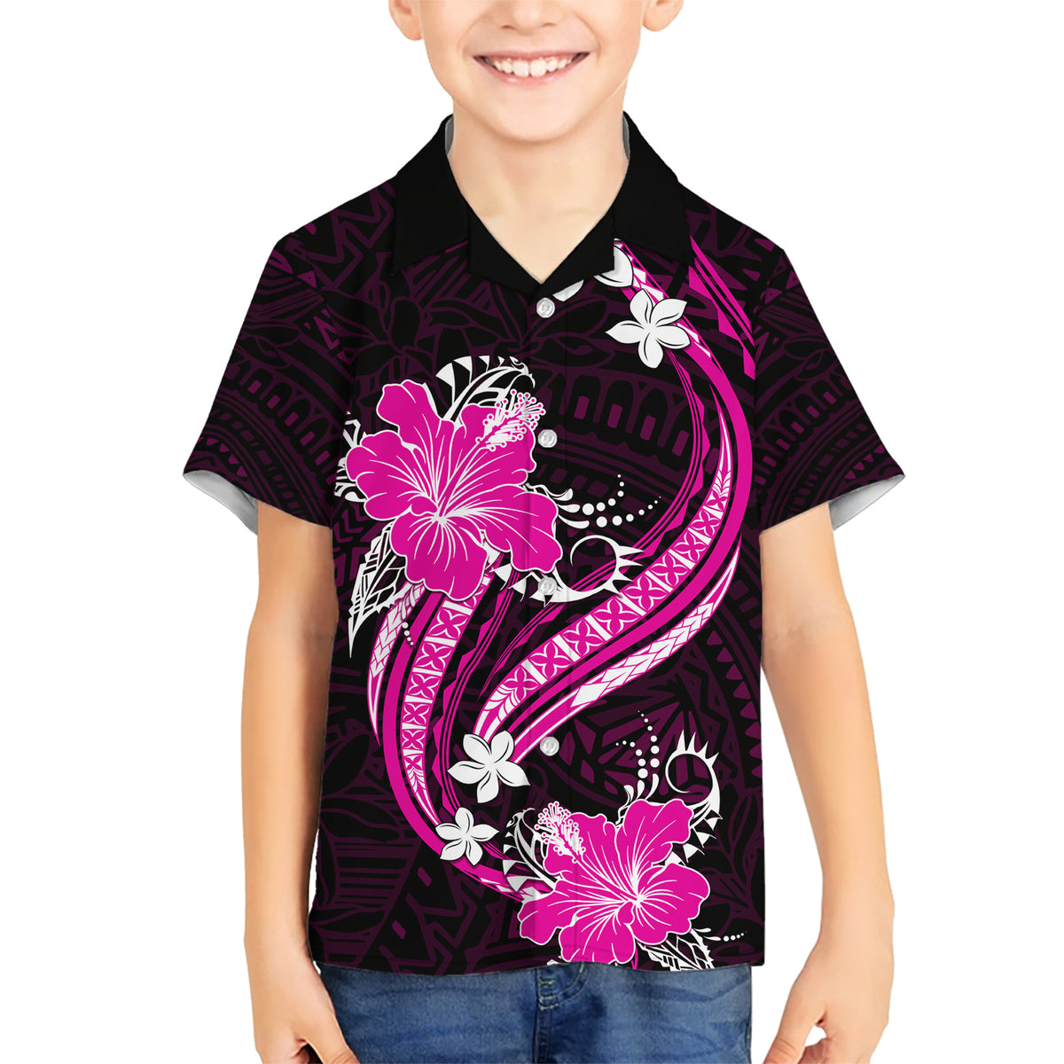 Pink Polynesian Pattern With Tropical Flowers Family Matching Short Sleeve Bodycon Dress and Hawaiian Shirt LT05 Son's Shirt Pink - Polynesian Pride