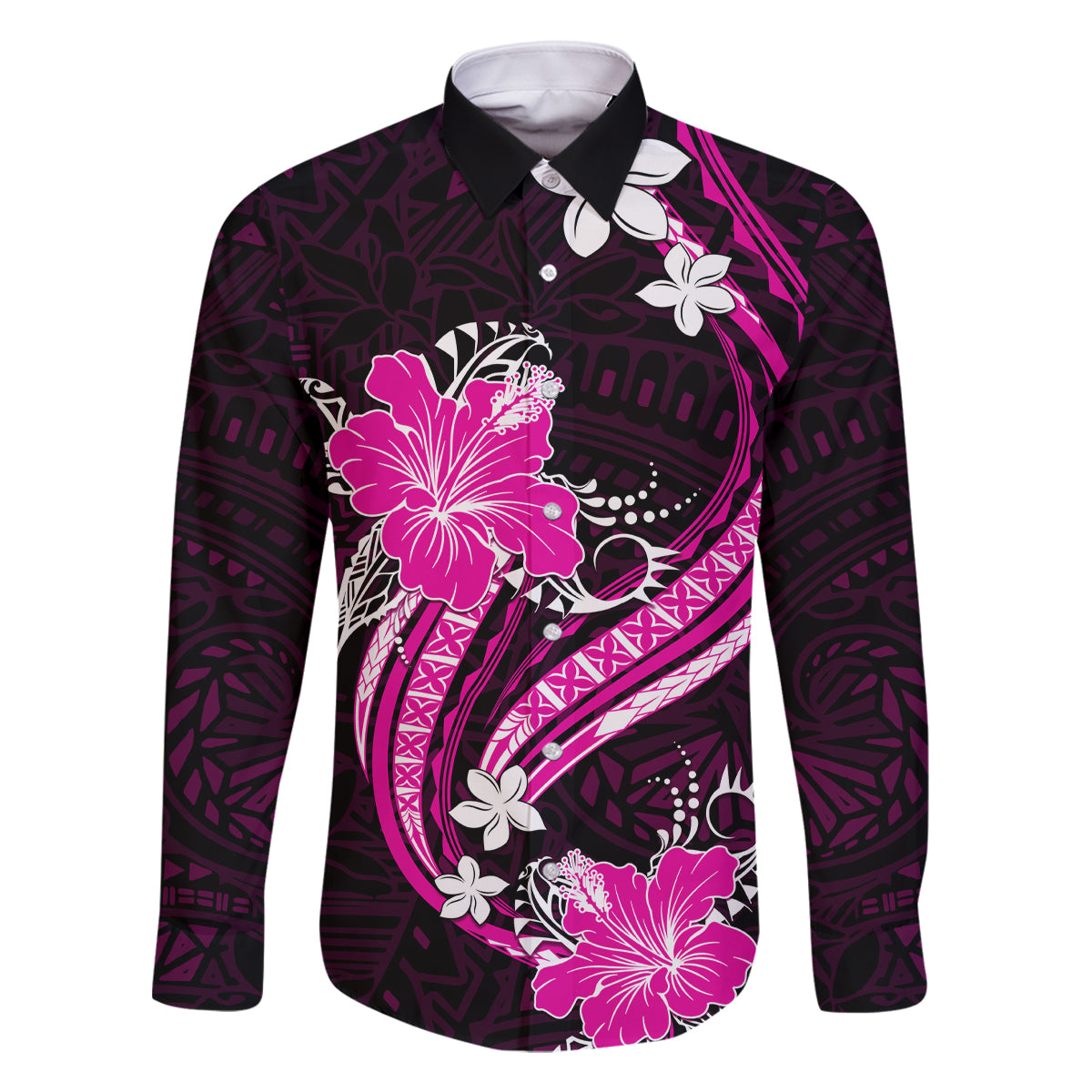 Pink Polynesian Pattern With Tropical Flowers Family Matching Tank Maxi Dress and Hawaiian Shirt LT05 Dad's Shirt - Long Sleeve Pink - Polynesian Pride