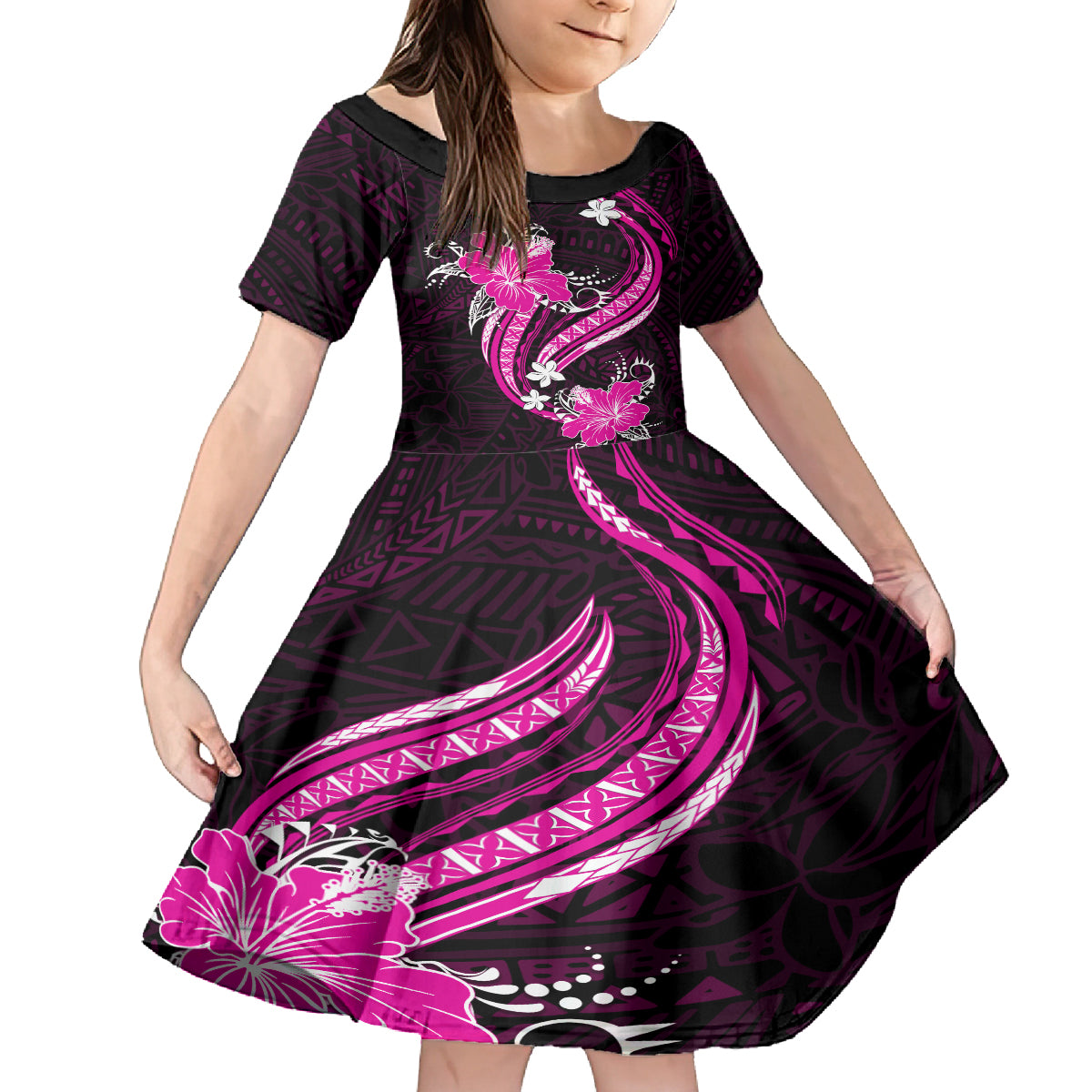 Pink Polynesian Pattern With Tropical Flowers Kid Short Sleeve Dress LT05 KID Pink - Polynesian Pride