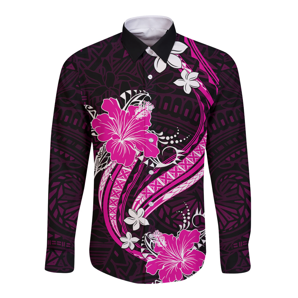 Pink Polynesian Pattern With Tropical Flowers Long Sleeve Button Shirt LT05 Unisex Pink - Polynesian Pride