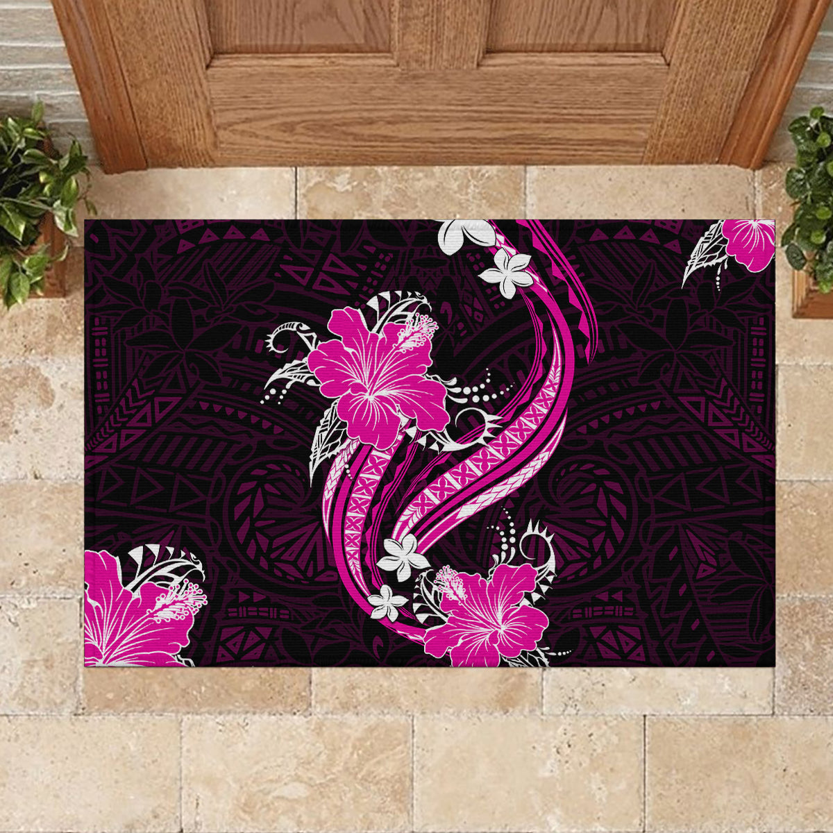 Pink Polynesian Pattern With Tropical Flowers Rubber Doormat LT05 - Polynesian Pride