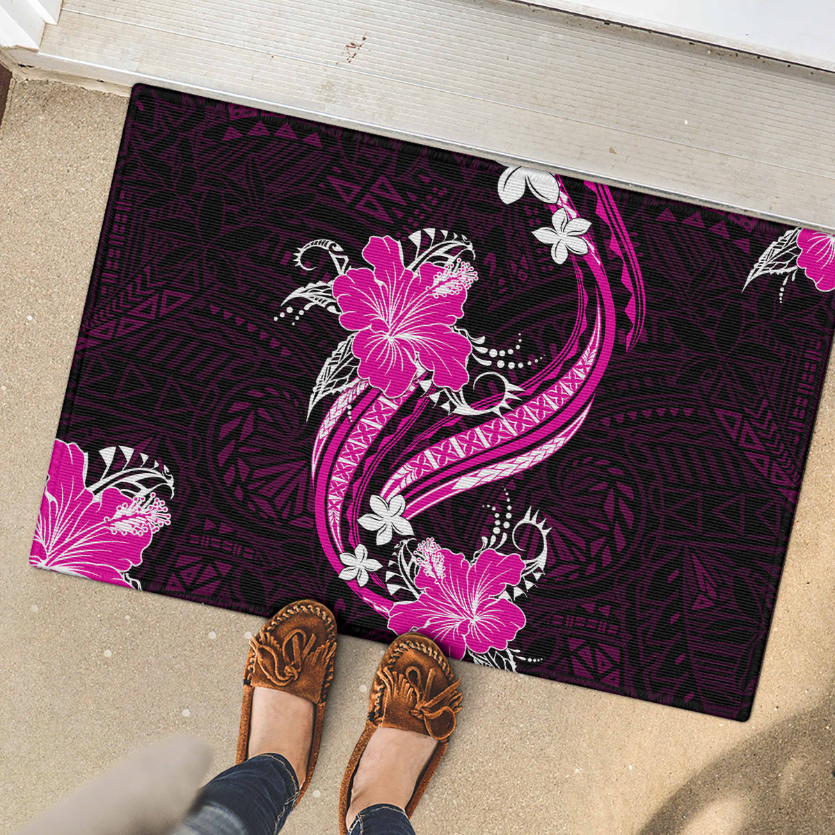 Pink Polynesian Pattern With Tropical Flowers Rubber Doormat LT05 - Polynesian Pride